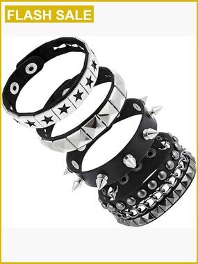 4-Piece Studded Spiked Punk Bracelet Set - Faux Leather Wristbands